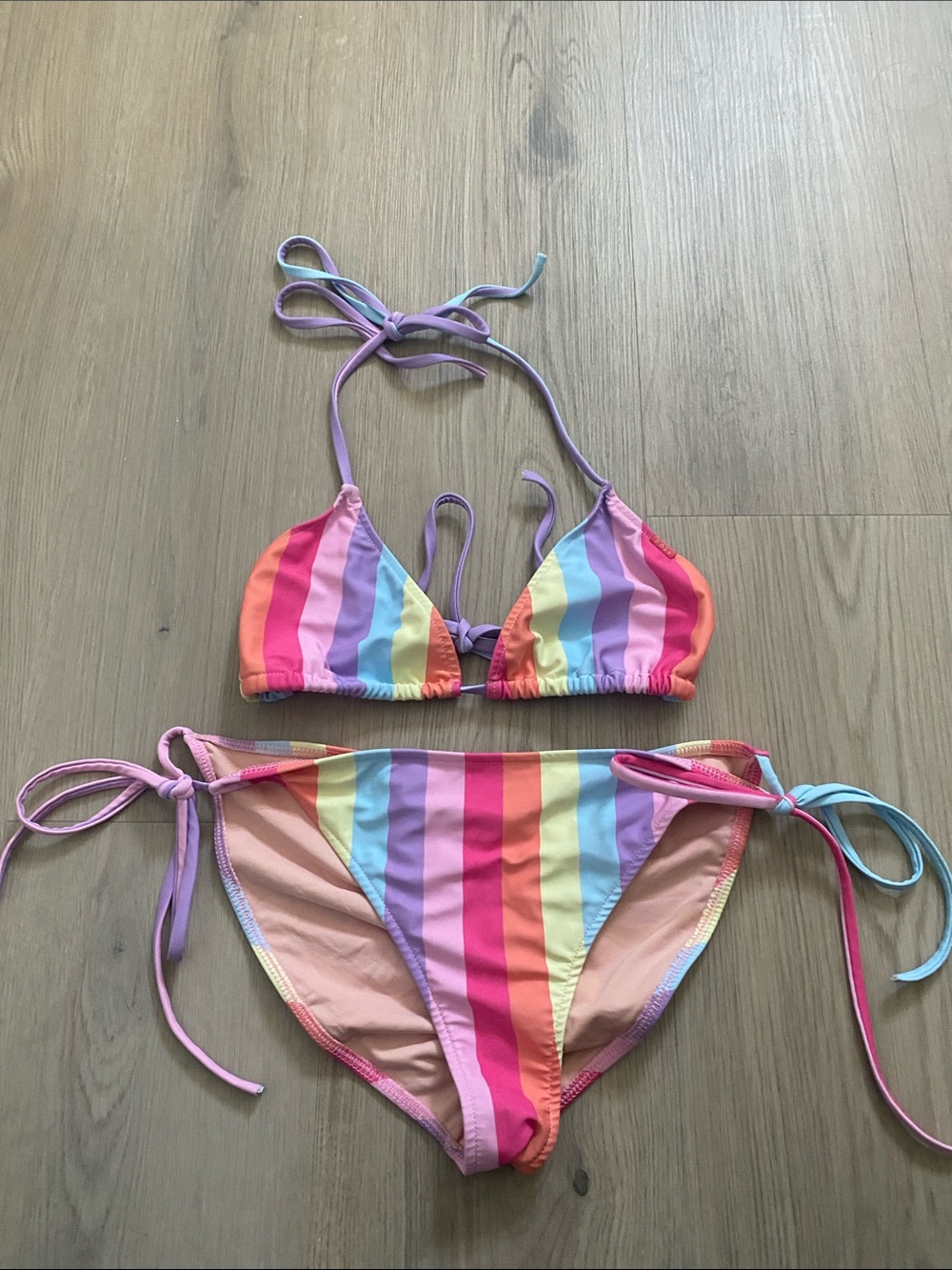 Rainbow Stripe Tie-Side Bikini - Multicolor Pink